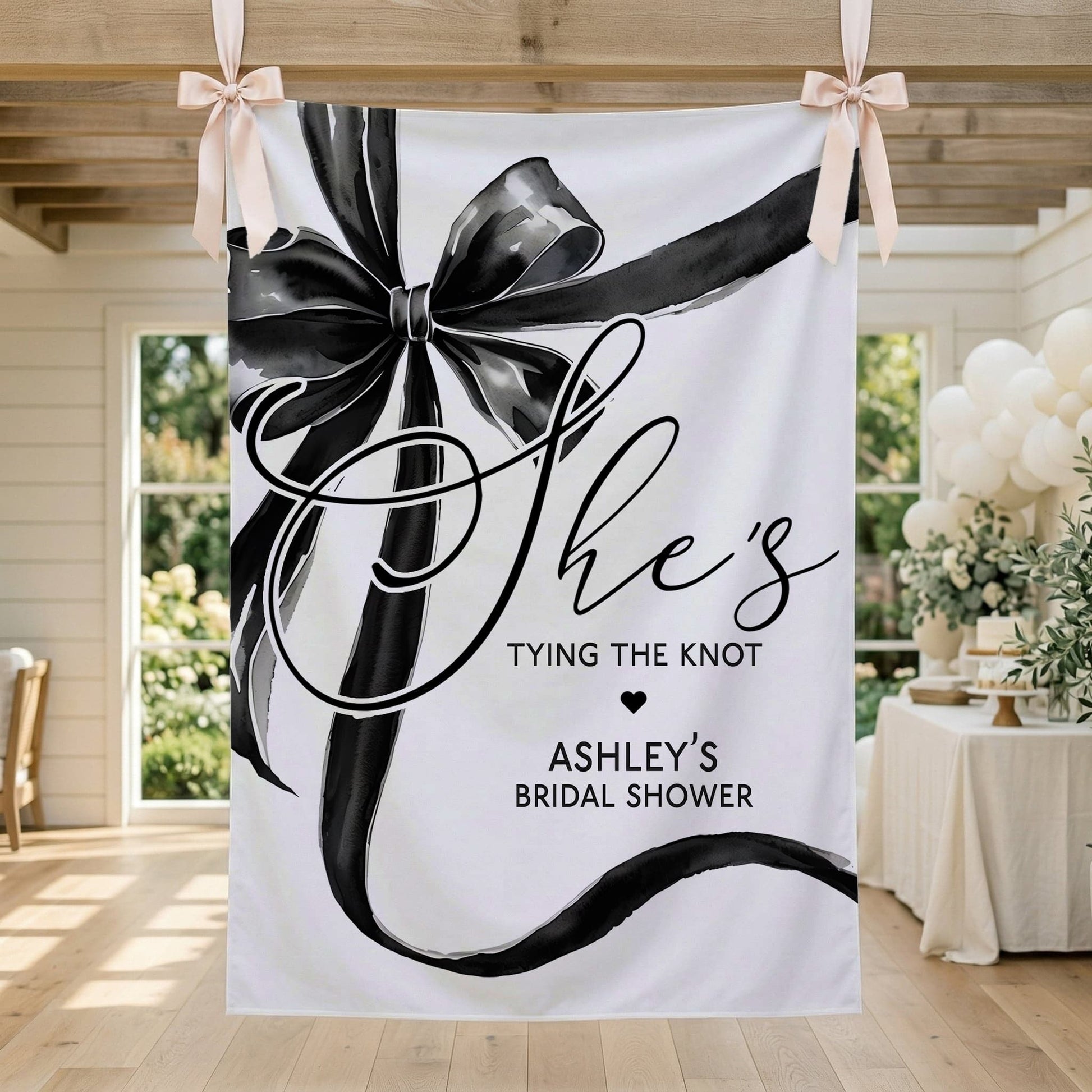 Personalized Bridal Shower Backdrop, She's Tying the Knot Black Bow - Pretty Gifted