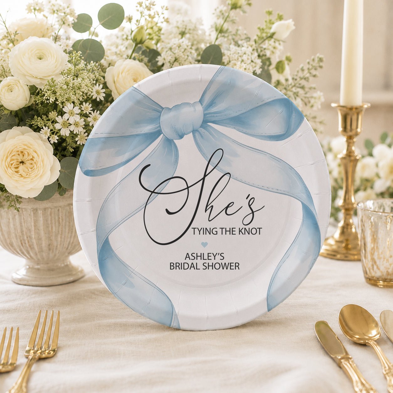 Personalized Bridal Shower Paper Plates – Blue Bow She’s Tying the Knot Design - Pretty Gifted