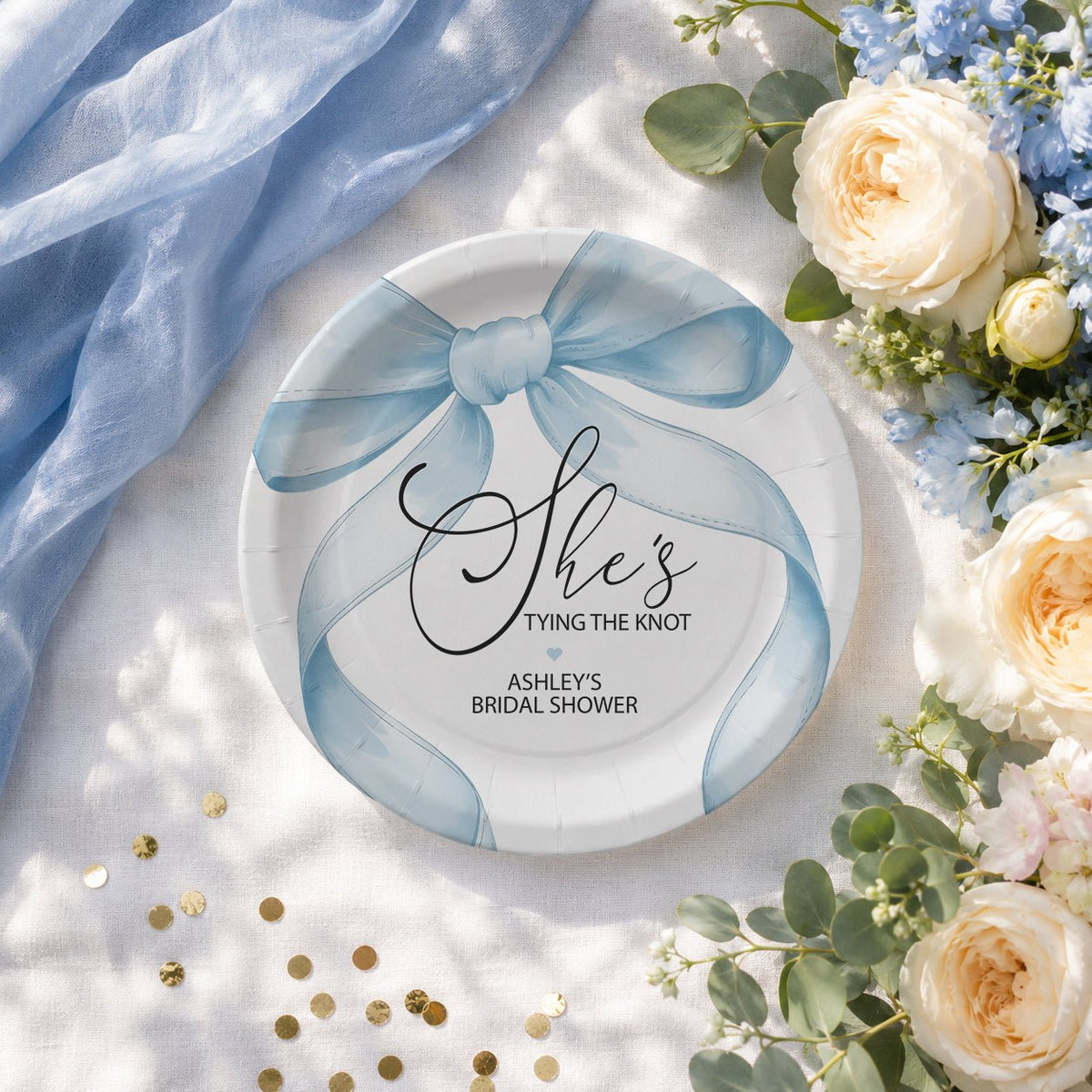 Personalized Bridal Shower Paper Plates – Blue Bow She’s Tying the Knot Design - Pretty Gifted