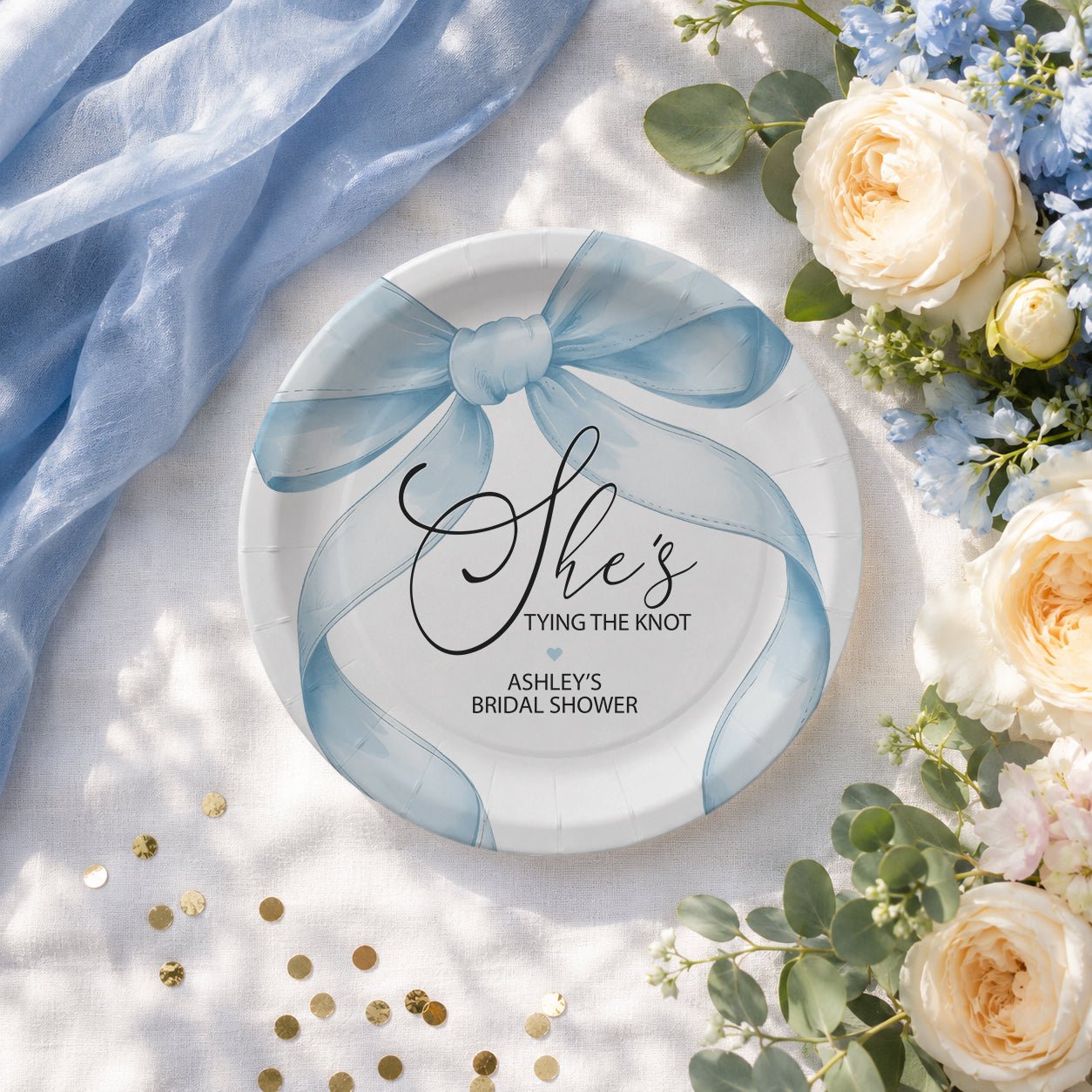Personalized Bridal Shower Paper Plates – Blue Bow She’s Tying the Knot Design - Pretty Gifted