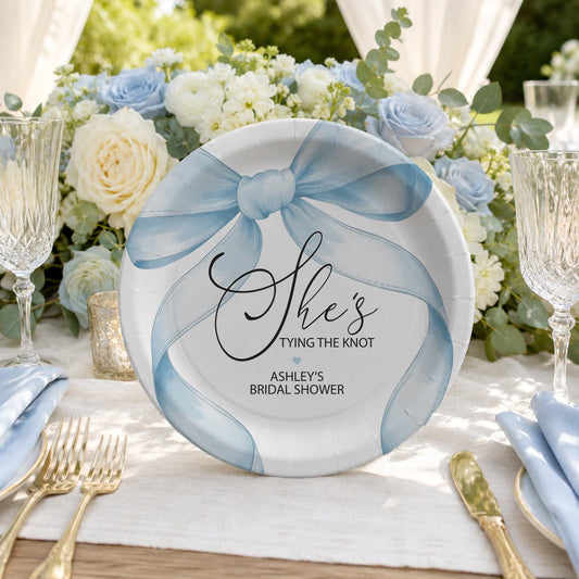 Personalized Bridal Shower Paper Plates – Blue Bow She’s Tying the Knot Design - Pretty Gifted