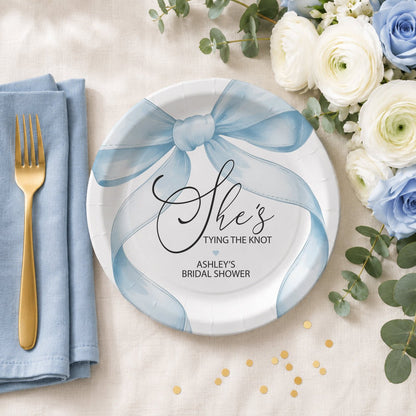 Personalized Bridal Shower Paper Plates – Blue Bow She’s Tying the Knot Design - Pretty Gifted