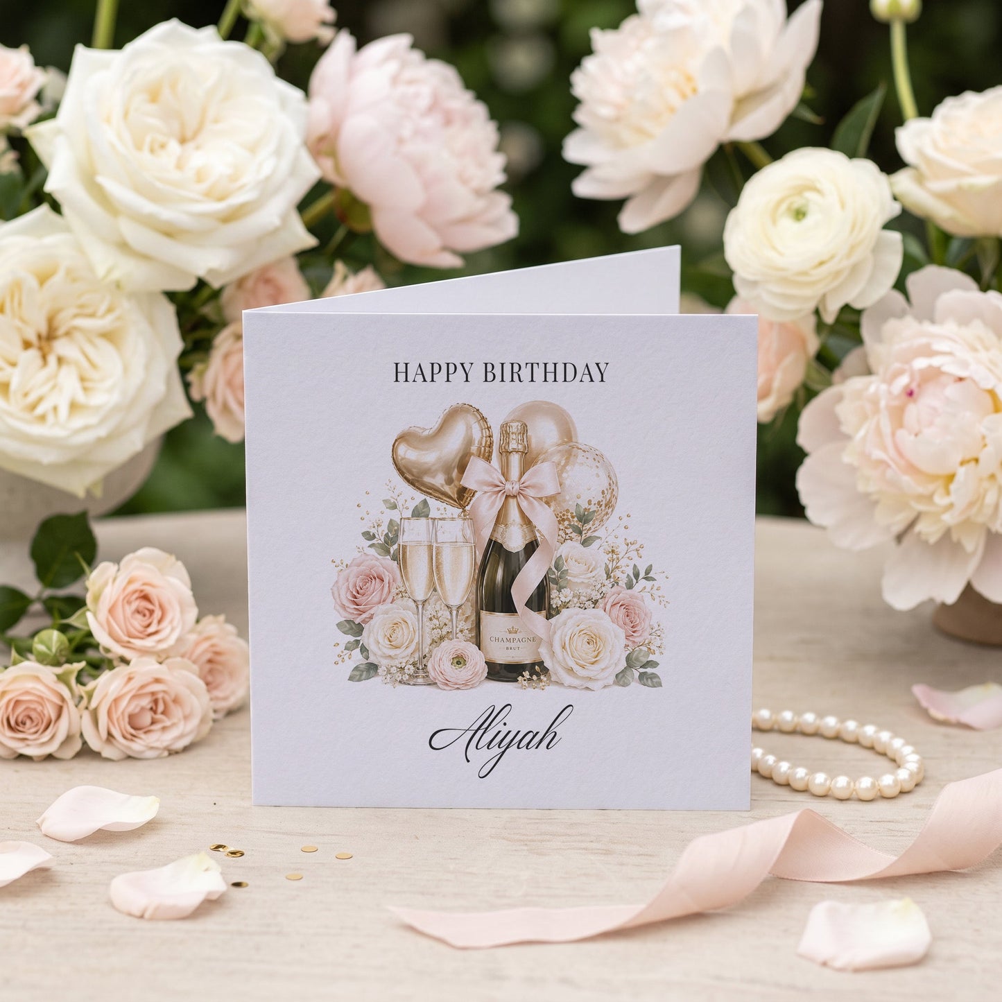 Personalized Champagne Birthday Card with Blush Florals - Pretty Gifted