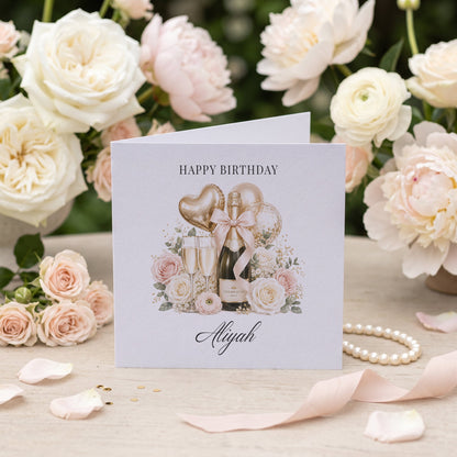 Personalized Champagne Birthday Card with Blush Florals - Pretty Gifted