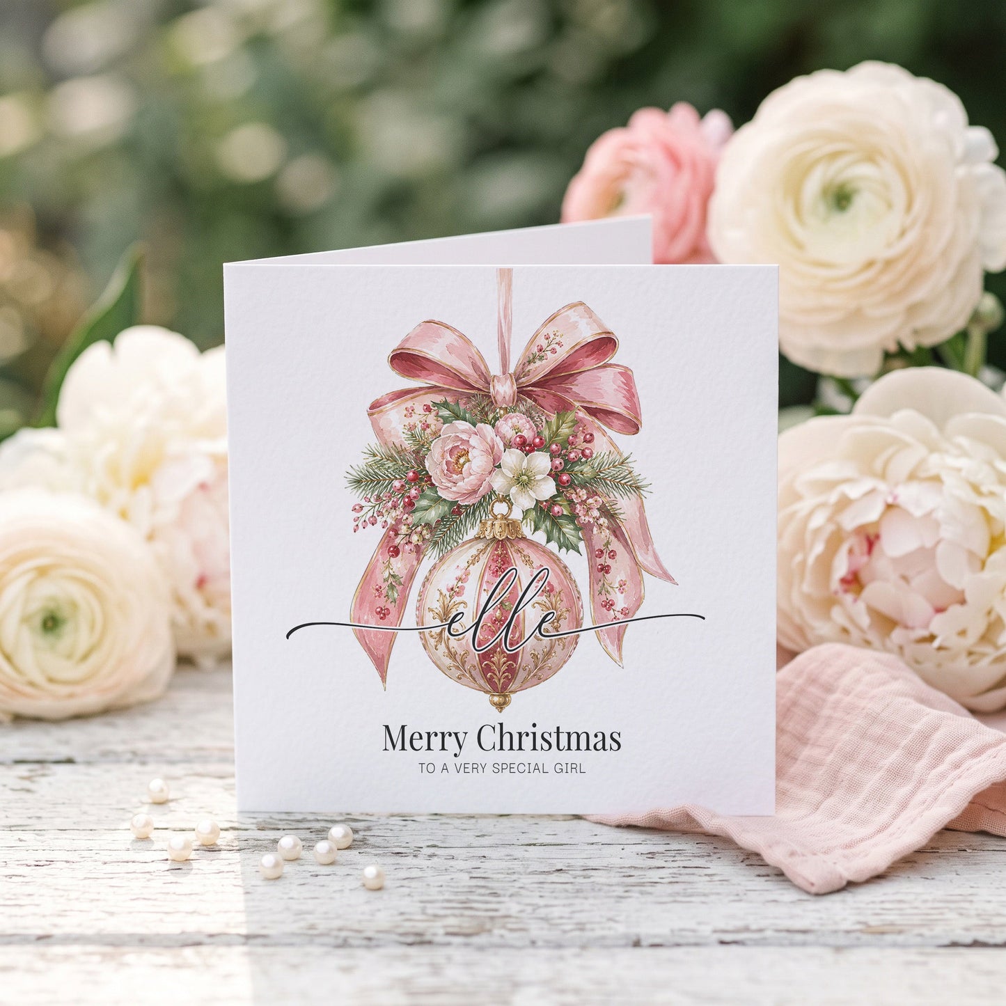 Personalized Christmas Card | Pink Floral Ornament Custom Name Design - Pretty Gifted