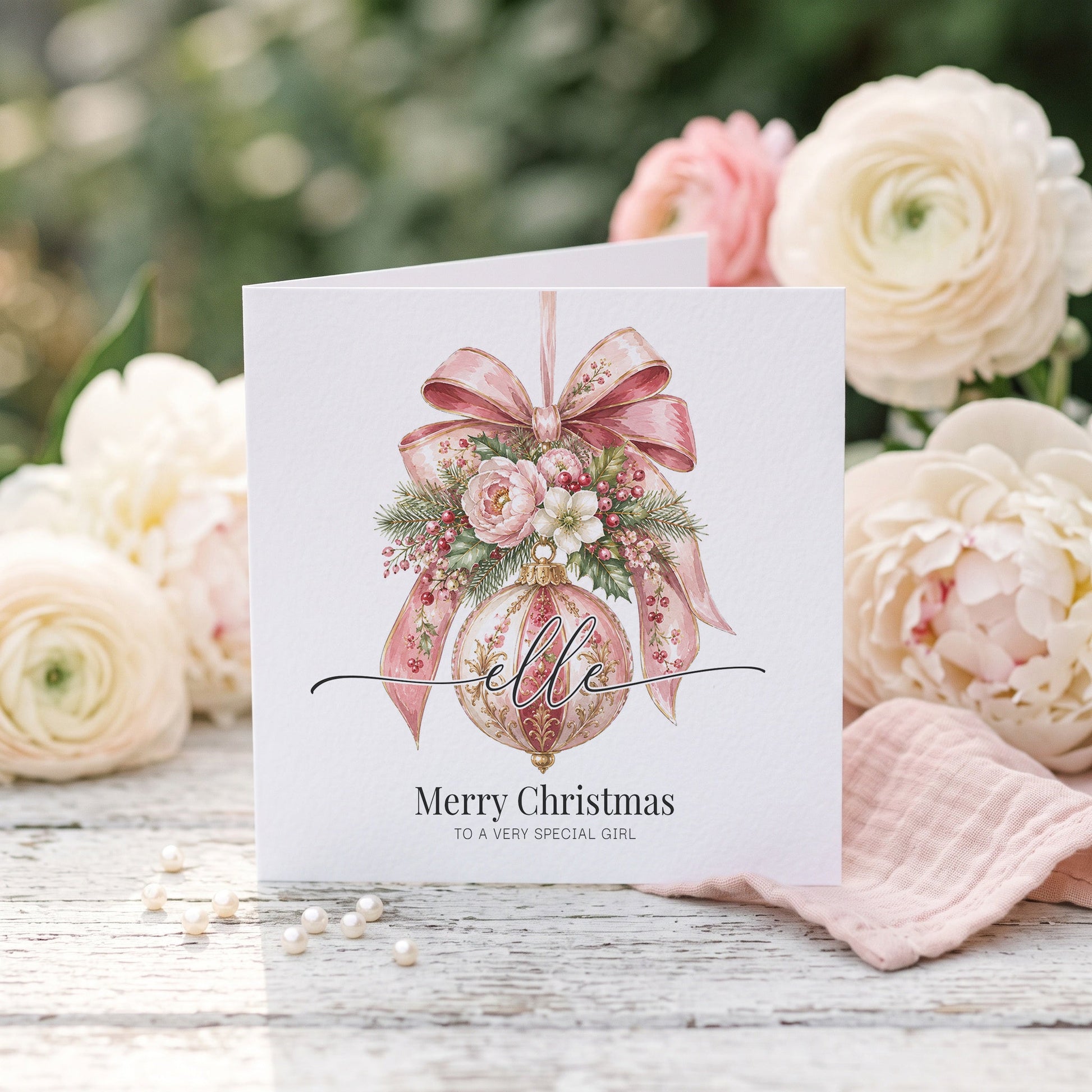Personalized Christmas Card | Pink Floral Ornament Custom Name Design - Pretty Gifted