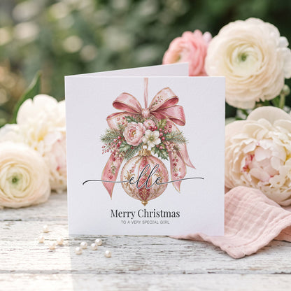 Personalized Christmas Card | Pink Floral Ornament Custom Name Design - Pretty Gifted