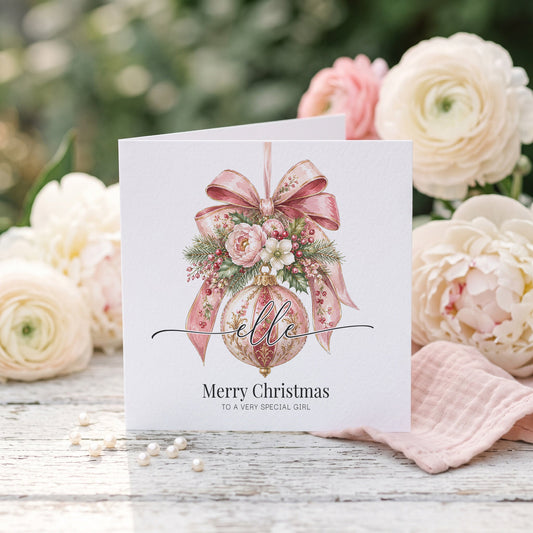 Personalized Christmas Card | Pink Floral Ornament Custom Name Design - Pretty Gifted
