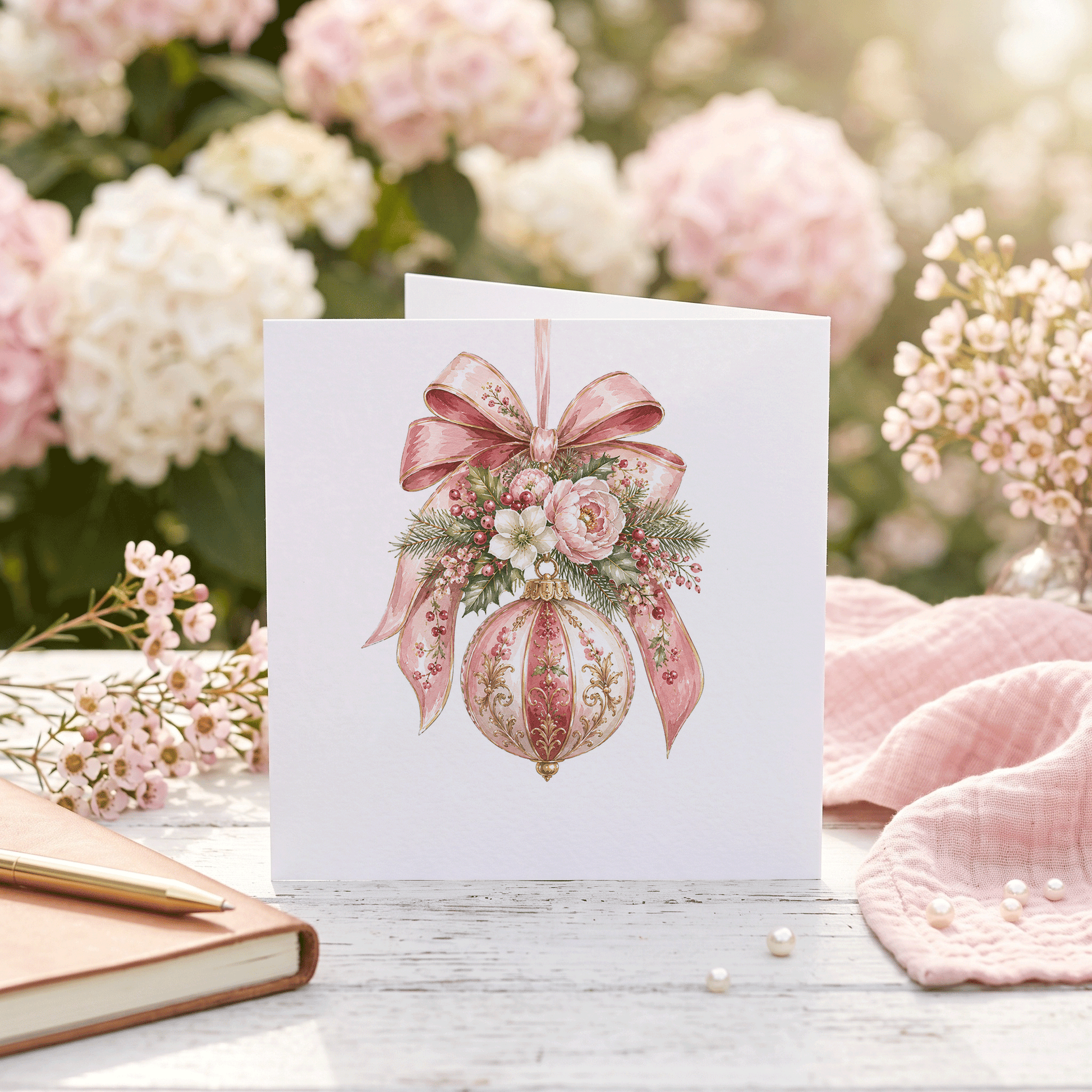 Personalized Christmas Card | Pink Floral Ornament Custom Name Design - Pretty Gifted