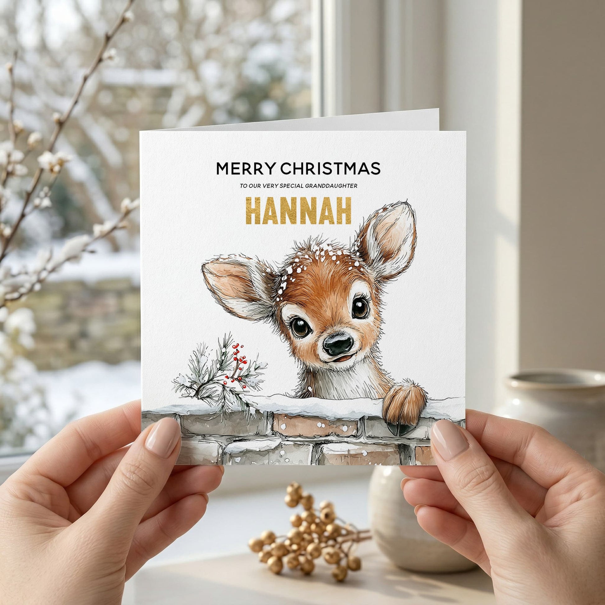 Personalized Deer Christmas Card, Custom Name Holiday Card - Pretty Gifted