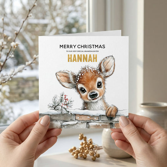Personalized Deer Christmas Card, Custom Name Holiday Card - Pretty Gifted