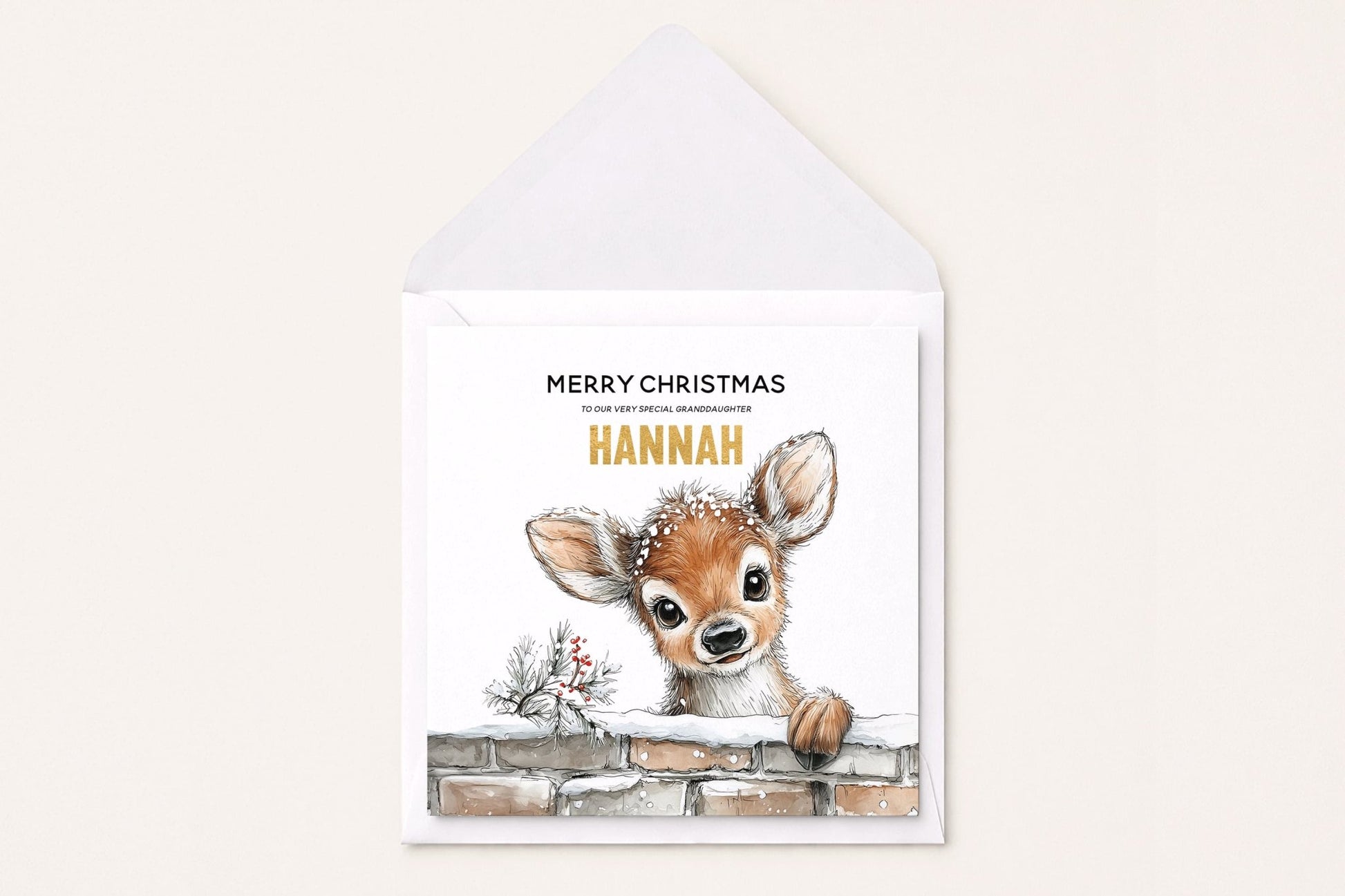 Personalized Deer Christmas Card, Custom Name Holiday Card - Pretty Gifted