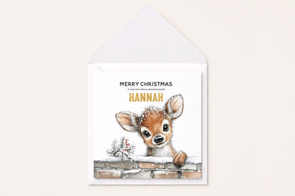 Personalized Deer Christmas Card, Custom Name Holiday Card - Pretty Gifted