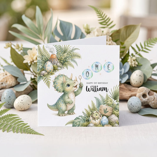 Personalized Dinosaur 1st Birthday Card – Triceratops One Birthday Design - Pretty Gifted