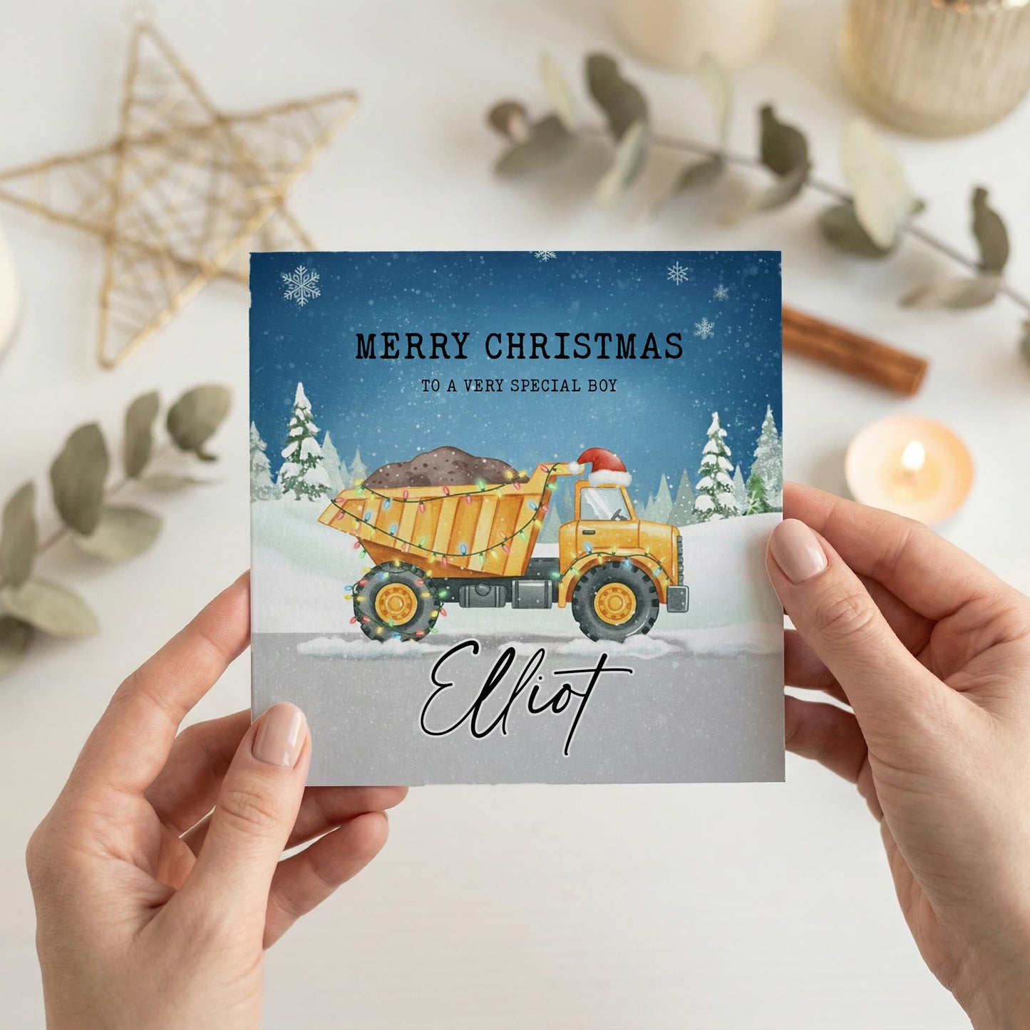 Personalized Dump Truck Christmas Card for Boys, Holiday - Pretty Gifted