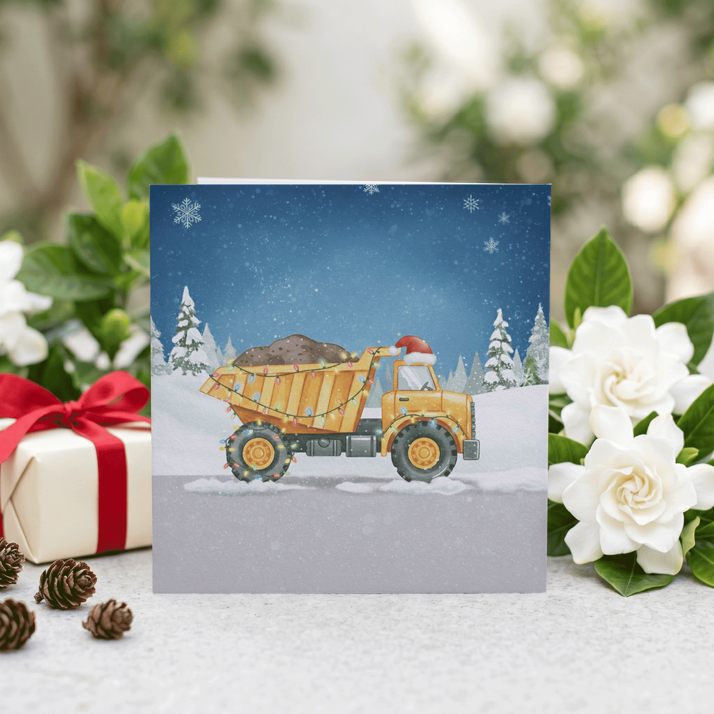 Personalized Dump Truck Christmas Card for Boys with Santa Hat and Festive Lights - Pretty Gifted