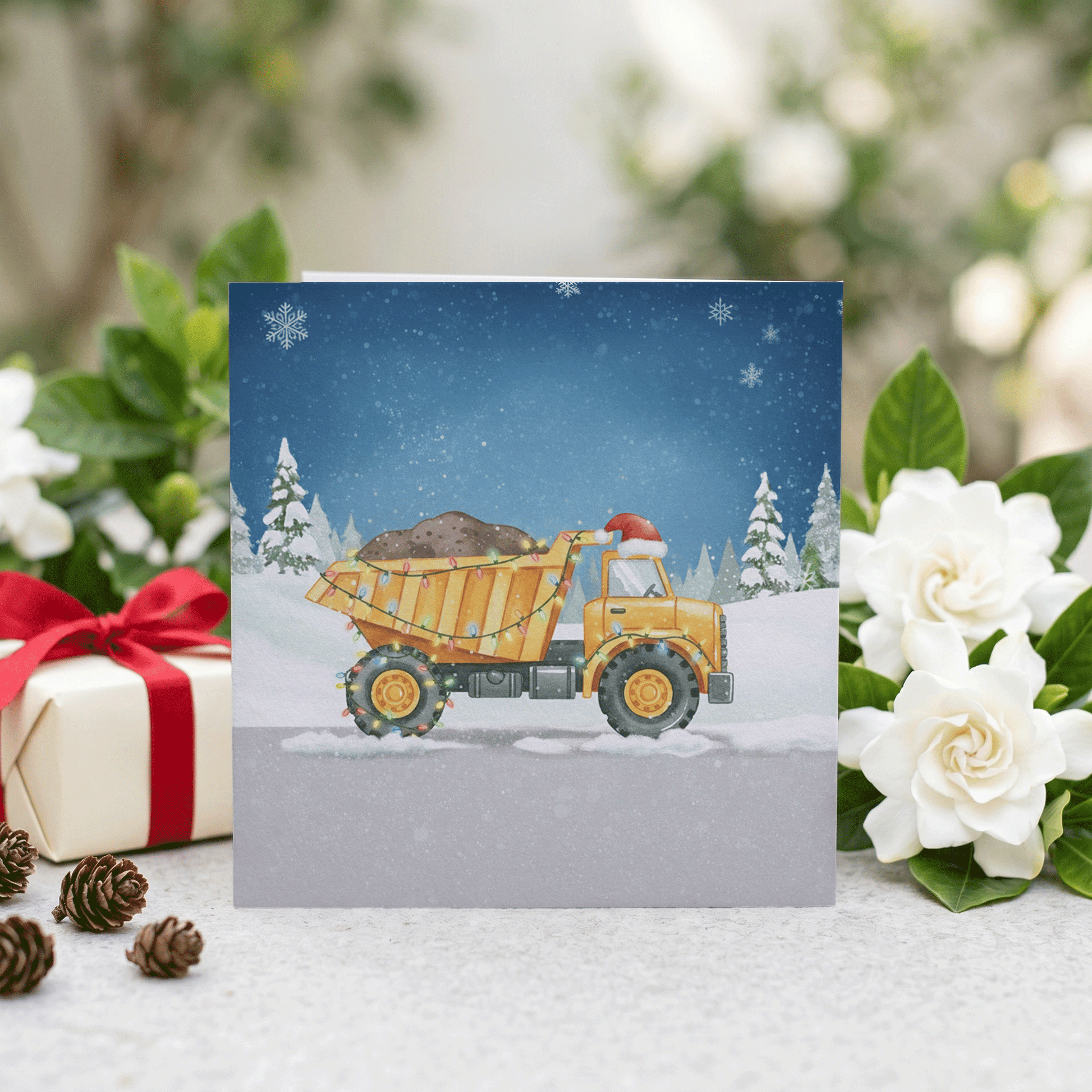 Personalized Dump Truck Christmas Card for Boys with Santa Hat and Festive Lights - Pretty Gifted