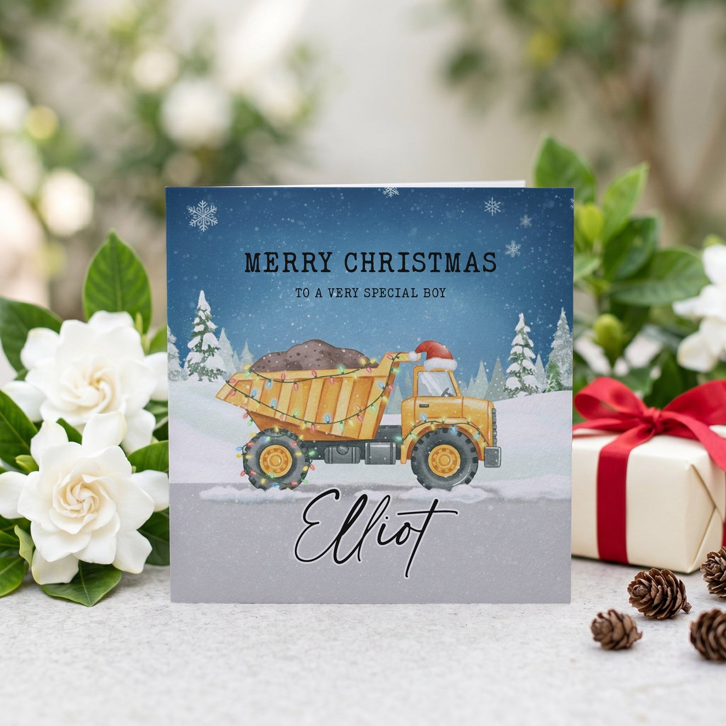 Personalized Dump Truck Christmas Card for Boys with Santa Hat and Festive Lights - Pretty Gifted