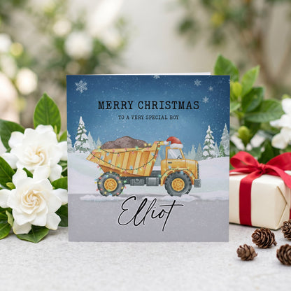 Personalized Dump Truck Christmas Card for Boys with Santa Hat and Festive Lights - Pretty Gifted