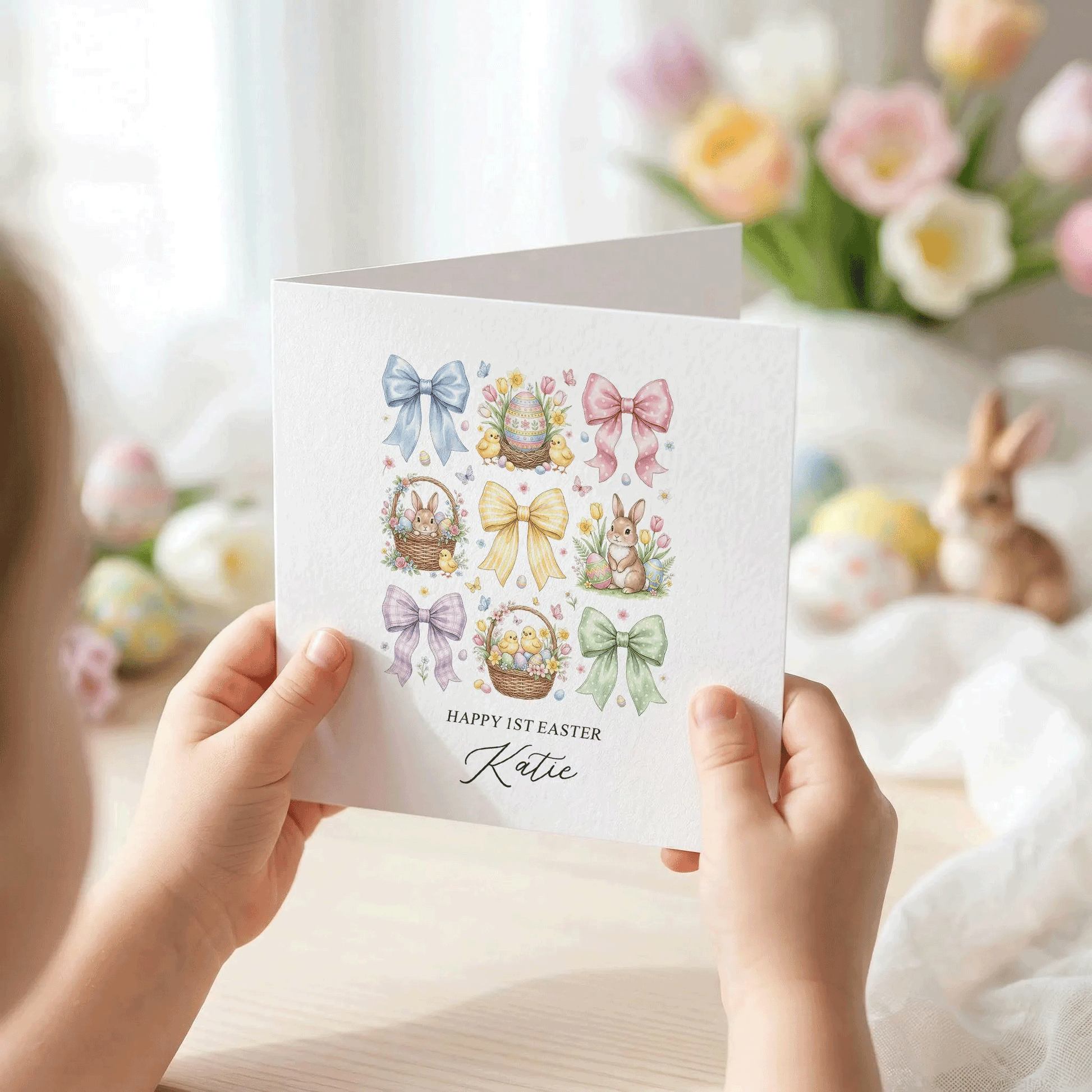 Personalized Easter Card, Coquette Bunny Bow Keepsake Gift - Pretty Gifted