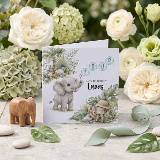 Personalized Elephant 4th Birthday Safari Card - Pretty Gifted