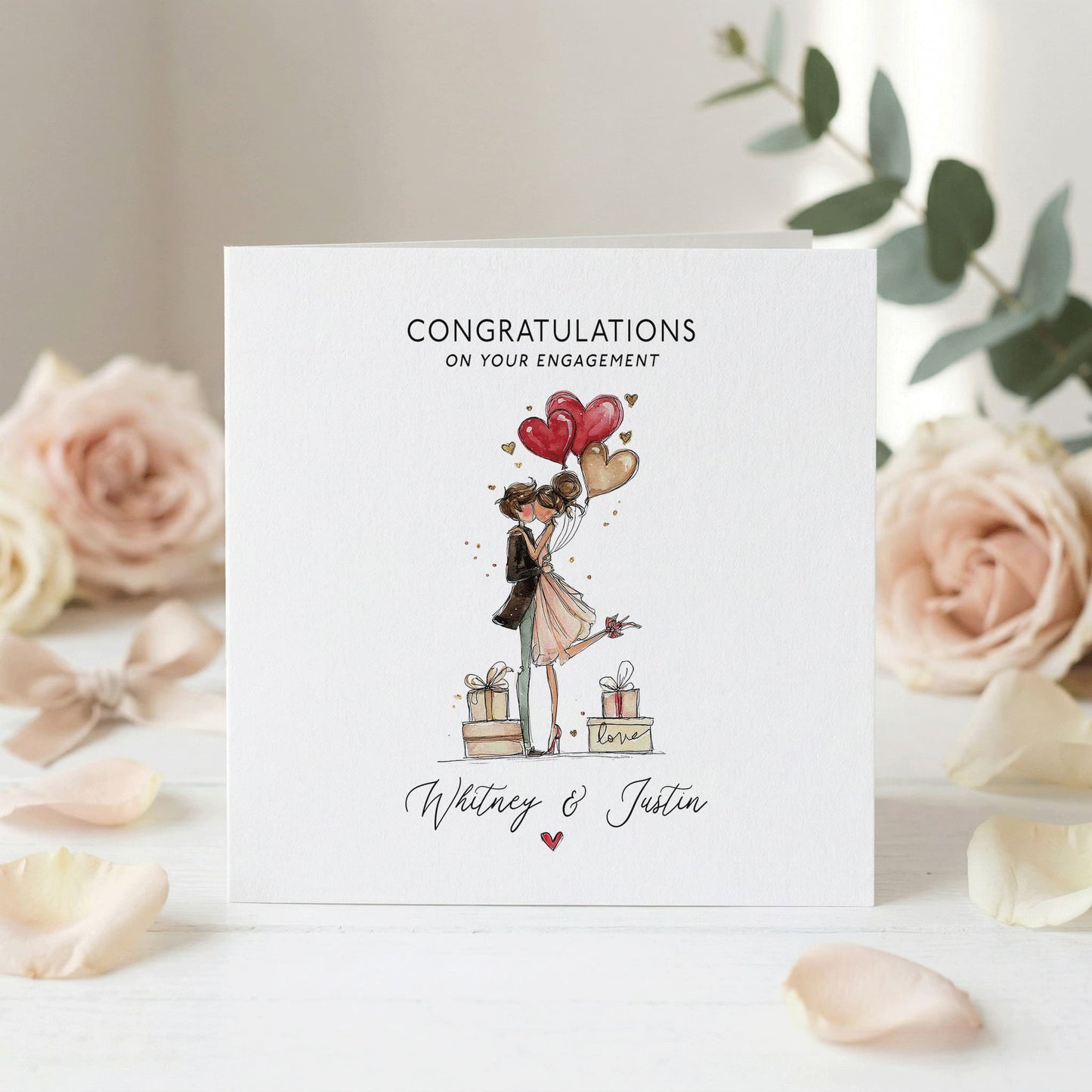 Personalized Engagement Congratulations Card, Romantic Couple Heart Balloons - Pretty Gifted