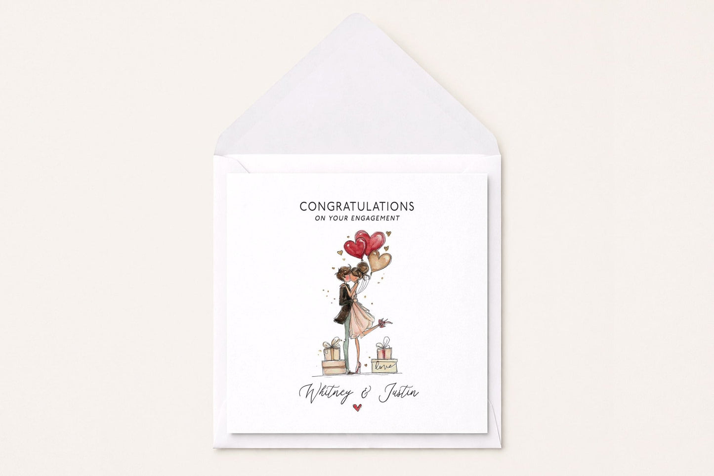 Personalized Engagement Congratulations Card, Romantic Couple Heart Balloons - Pretty Gifted