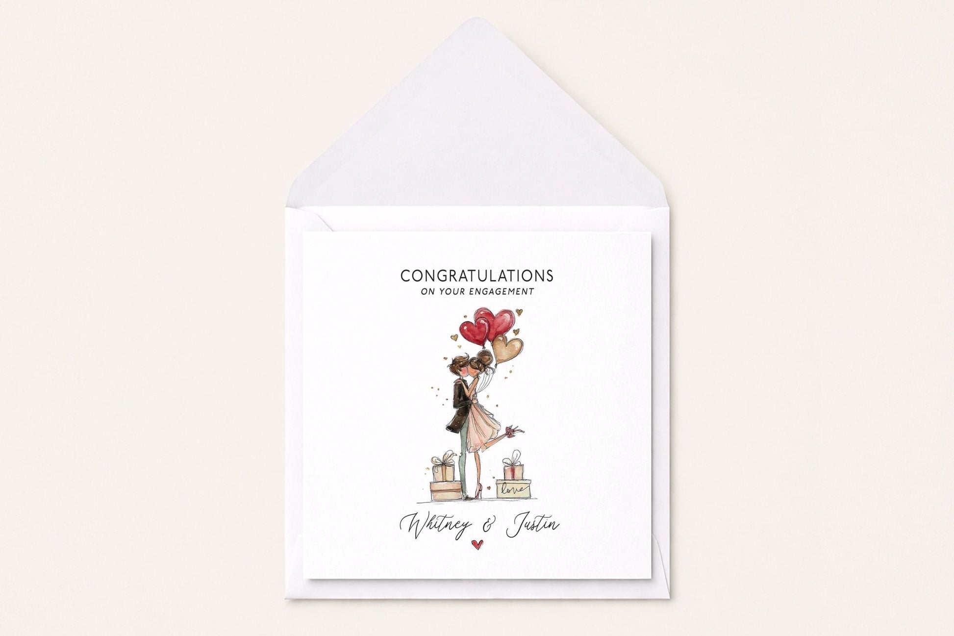 Personalized Engagement Congratulations Card, Romantic Couple Heart Balloons - Pretty Gifted