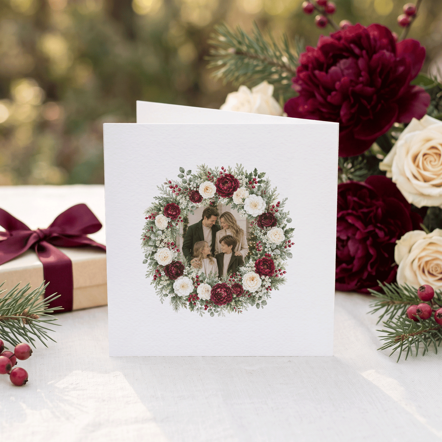 Personalized Family Photo Christmas Card | Floral Wreath Holiday Card - Pretty Gifted