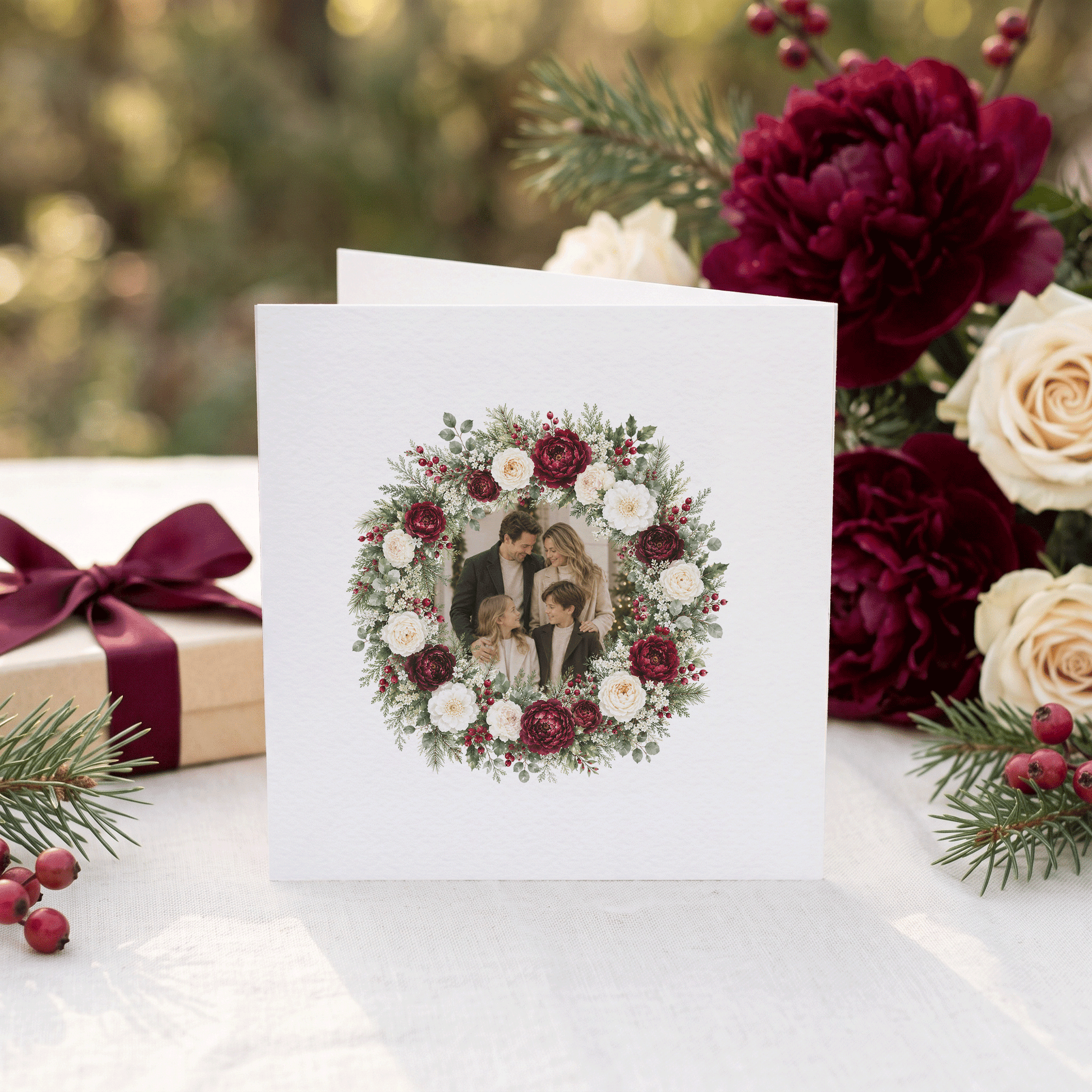 Personalized Family Photo Christmas Card | Floral Wreath Holiday Card - Pretty Gifted