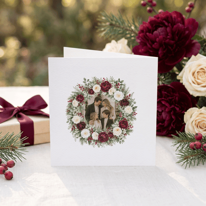 Personalized Family Photo Christmas Card | Floral Wreath Holiday Card - Pretty Gifted