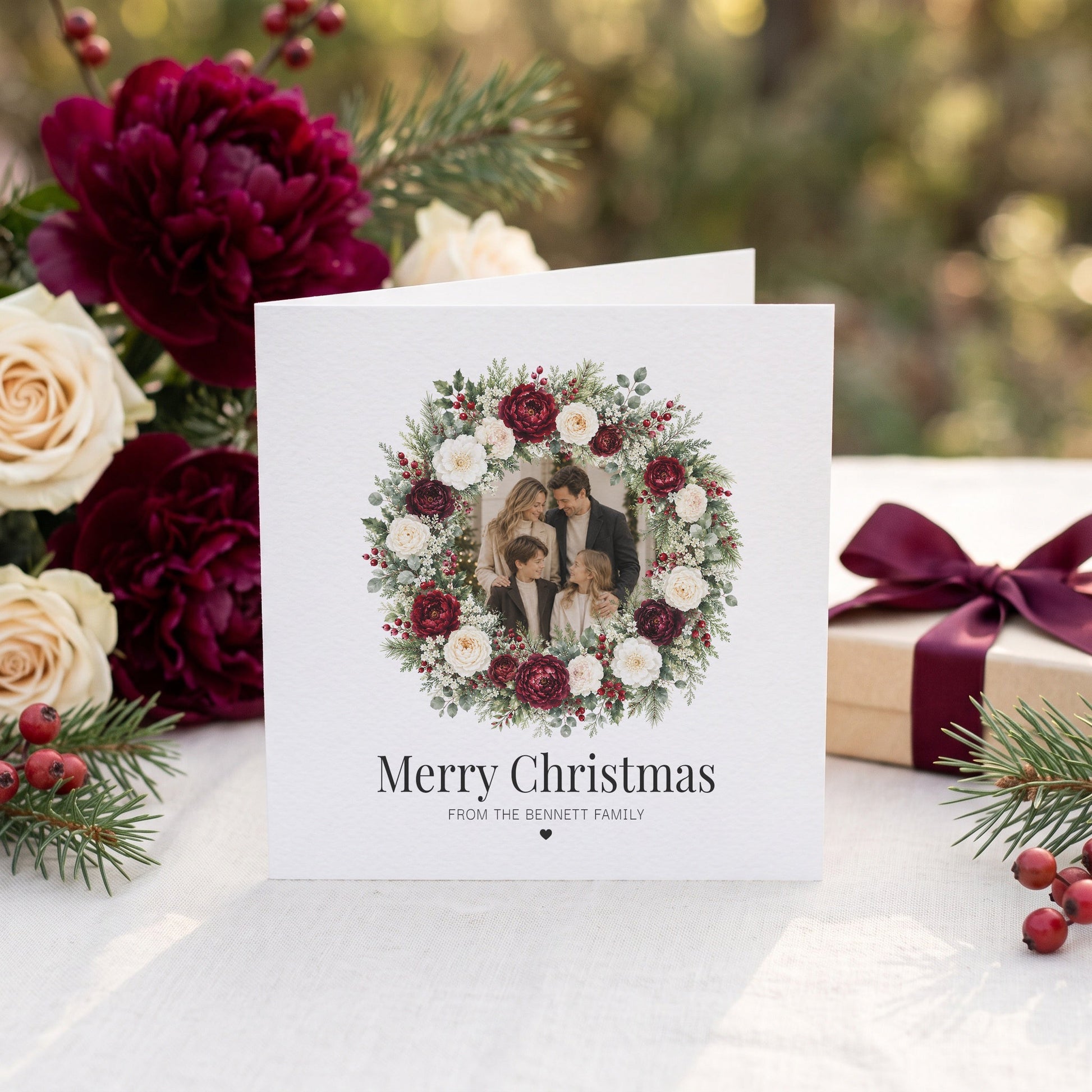 Personalized Family Photo Christmas Card | Floral Wreath Holiday Card - Pretty Gifted