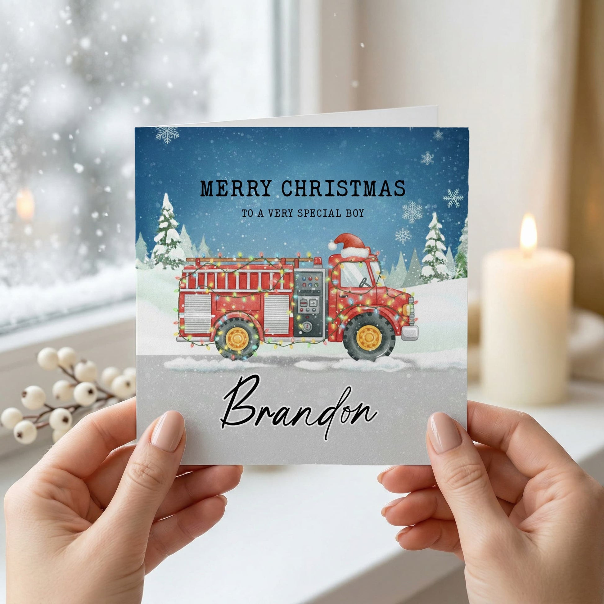 Personalized Fire Truck Christmas Card for Boys, Holiday - Pretty Gifted