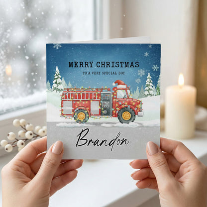 Personalized Fire Truck Christmas Card for Boys, Holiday - Pretty Gifted
