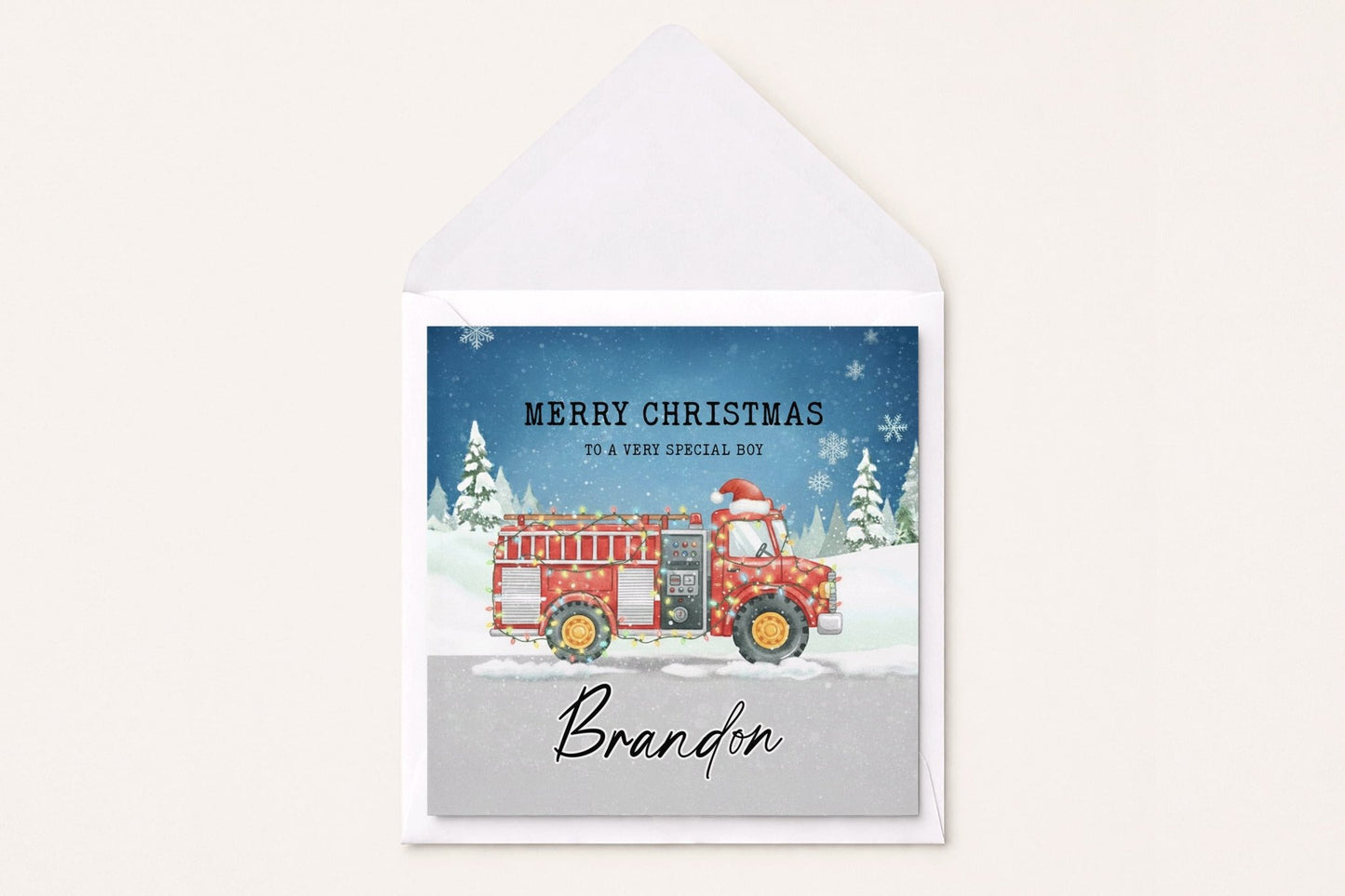 Personalized Fire Truck Christmas Card for Boys, Holiday - Pretty Gifted