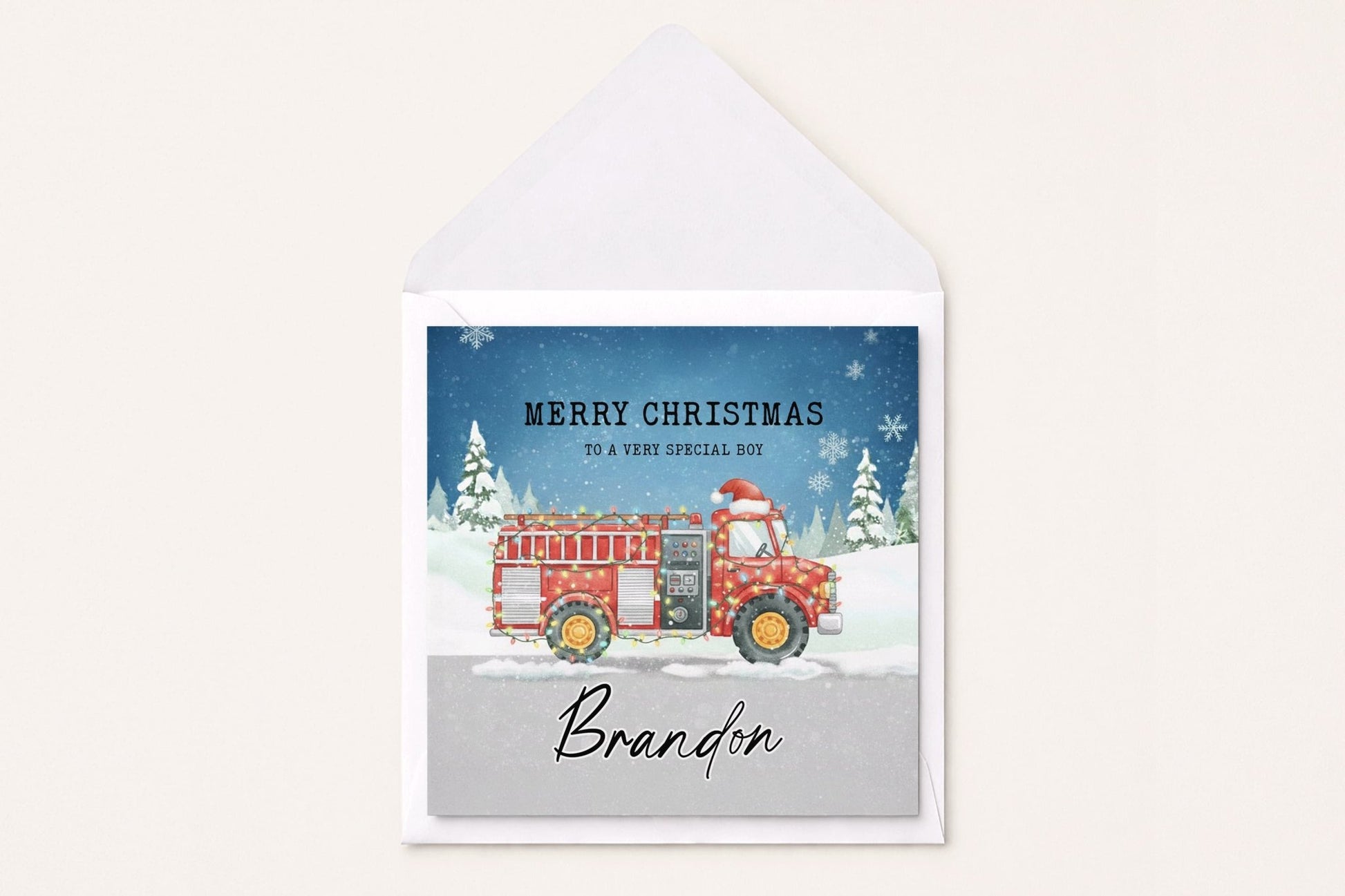 Personalized Fire Truck Christmas Card for Boys, Holiday - Pretty Gifted