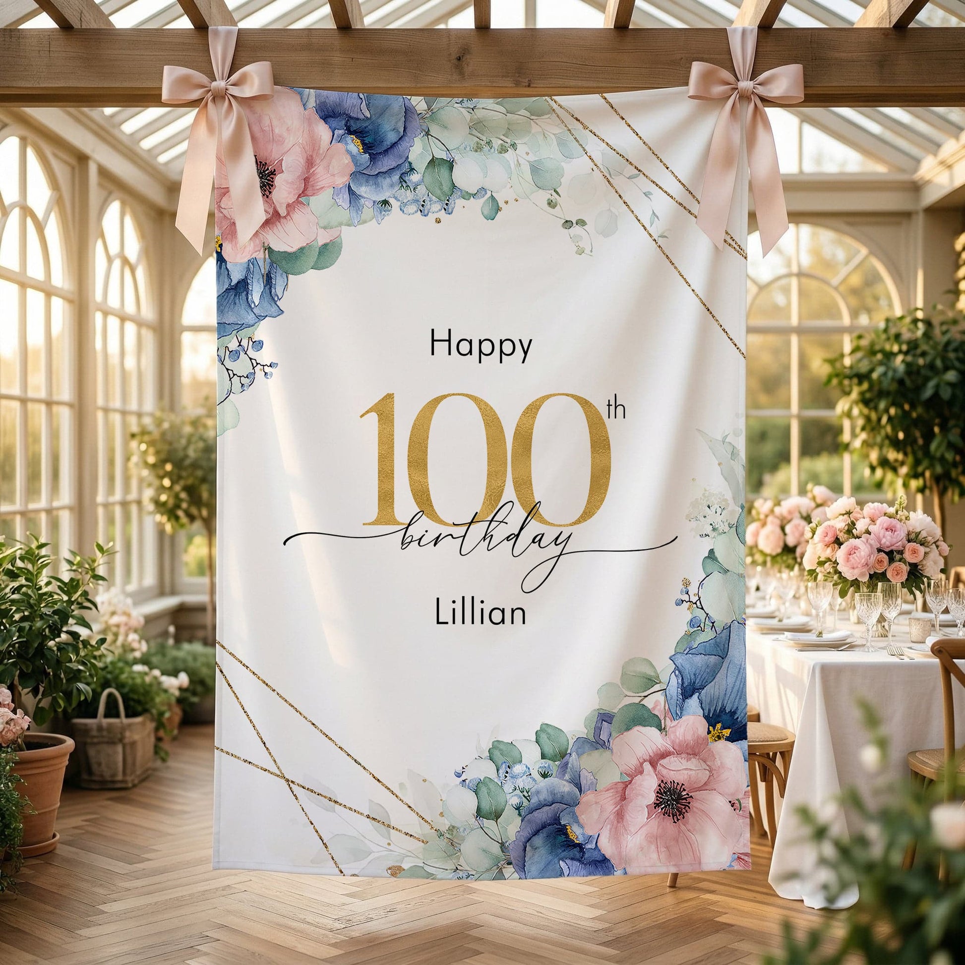Personalized Floral Party Backdrop, 100th Birthday Blue Pink and Gold - Pretty Gifted