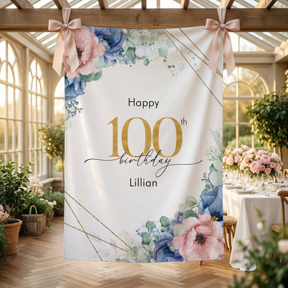 Personalized Floral Party Backdrop, 100th Birthday Blue Pink and Gold - Pretty Gifted