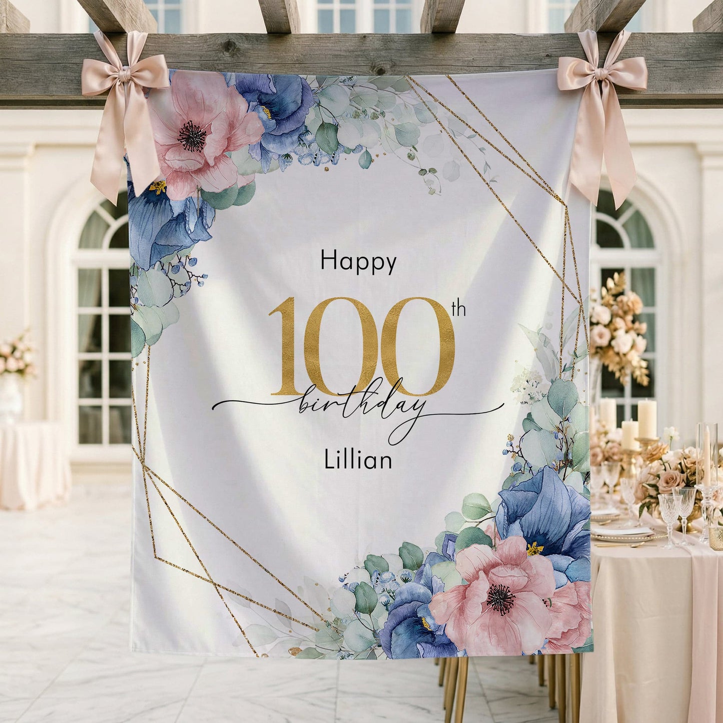 Personalized Floral Party Backdrop, 100th Birthday Blue Pink and Gold - Pretty Gifted