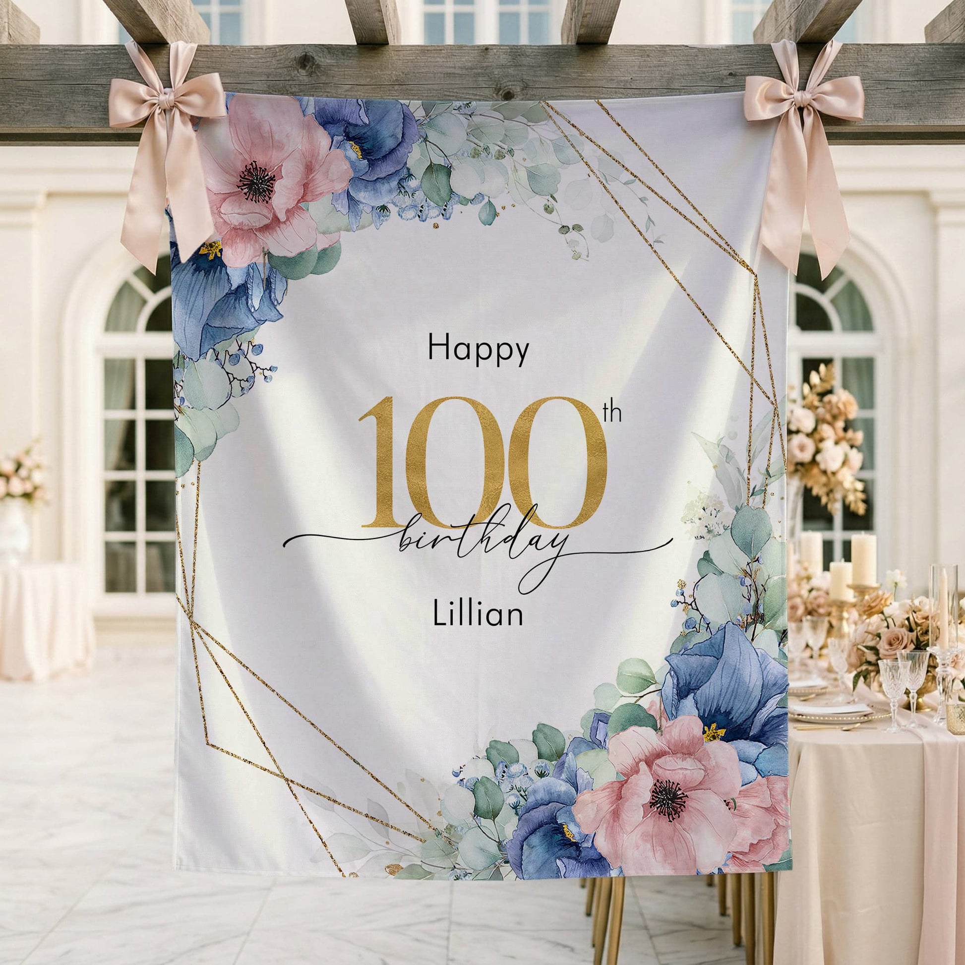 Personalized Floral Party Backdrop, 100th Birthday Blue Pink and Gold - Pretty Gifted