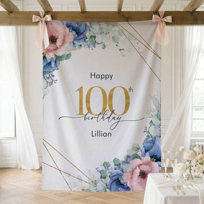Personalized Floral Party Backdrop, 100th Birthday Blue Pink and Gold - Pretty Gifted