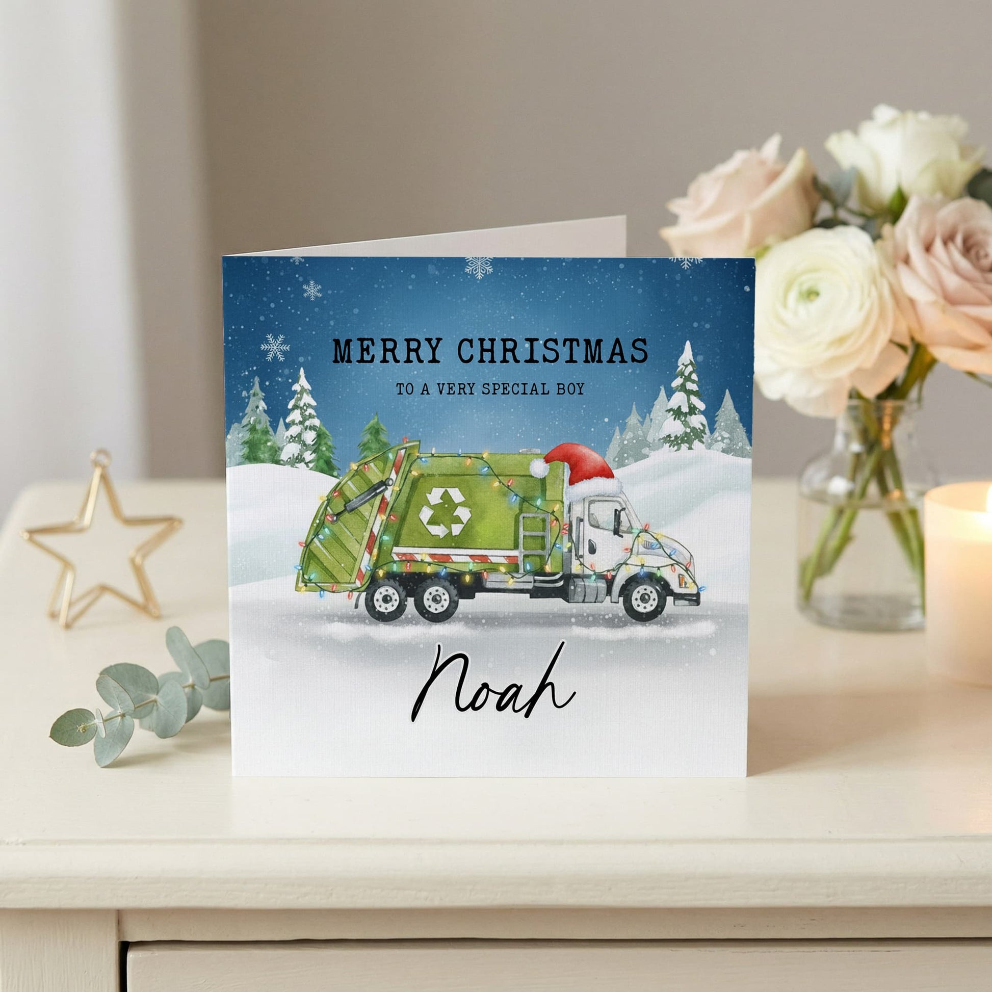 Personalized Garbage Truck Christmas Card, Boys Kids Gift - Pretty Gifted