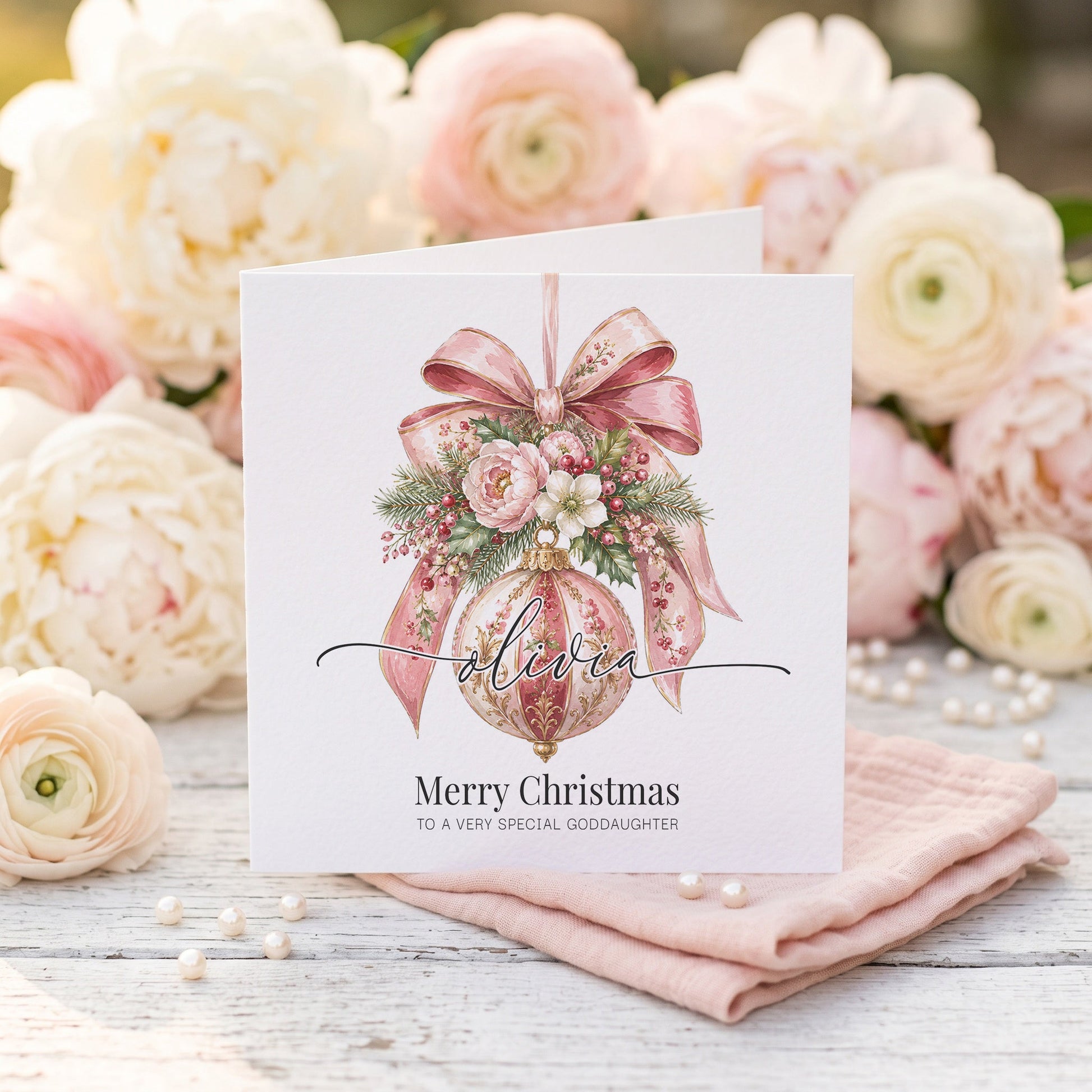 Personalized Goddaughter Christmas Card | Pink Floral Ornament Design - Pretty Gifted