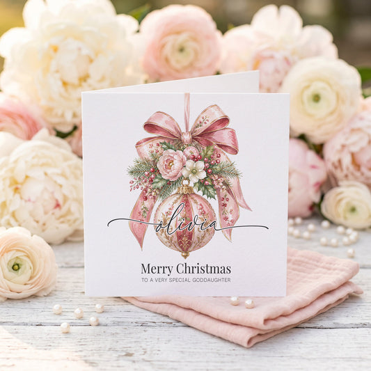 Personalized Goddaughter Christmas Card | Pink Floral Ornament Design - Pretty Gifted