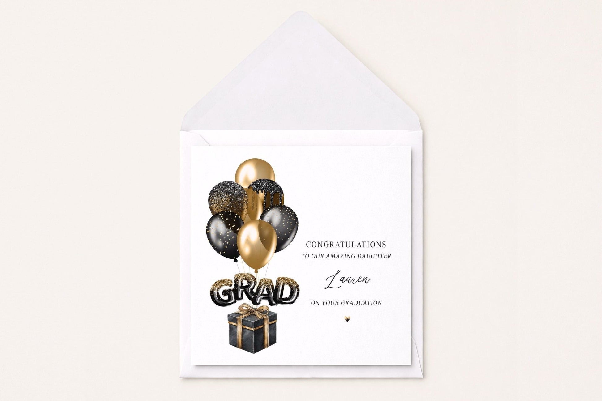 Personalized Graduation Card, Black and Gold Balloon Grad Design - Pretty Gifted