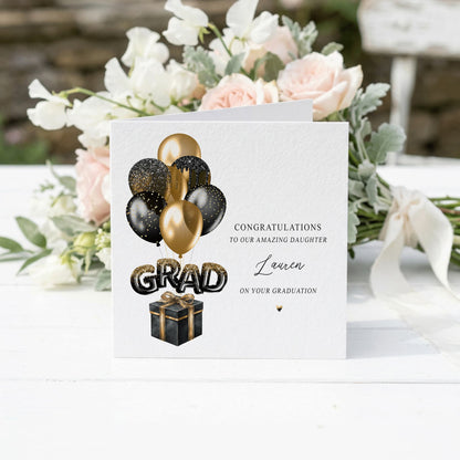 Personalized Graduation Card, Black and Gold Balloon Grad Design - Pretty Gifted