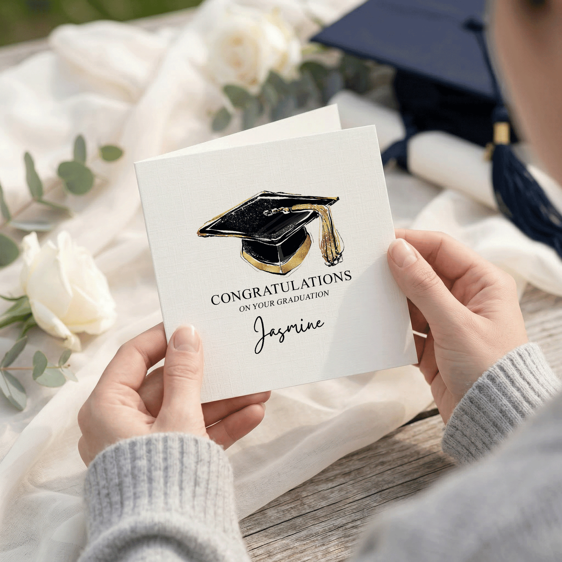 Personalized Graduation Card, Gold Grad Cap Gift - Pretty Gifted