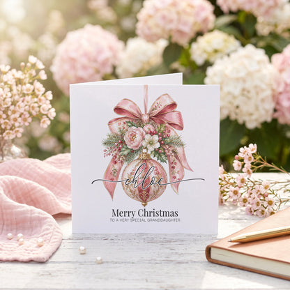 Personalized Granddaughter Christmas Card | Pink Floral Ornament Design - Pretty Gifted