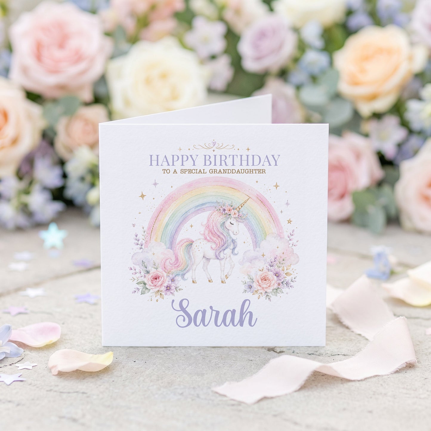 Personalized Granddaughter Unicorn Birthday Card – Pastel Rainbow 5x5 Greeting Card - Pretty Gifted
