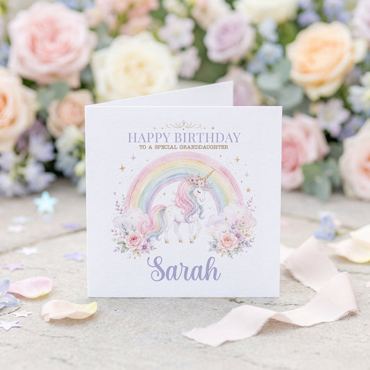 Personalized Granddaughter Unicorn Birthday Card – Pastel Rainbow 5x5 Greeting Card - Pretty Gifted